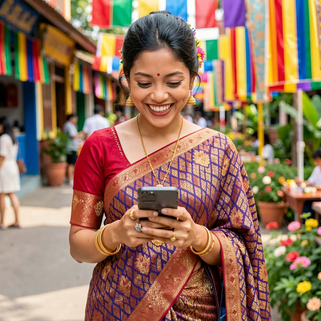 Happy Indonesian woman enjoying the CK789 mobile casino app on her smartphone with colorful lights creating a vibrant gaming atmosphere