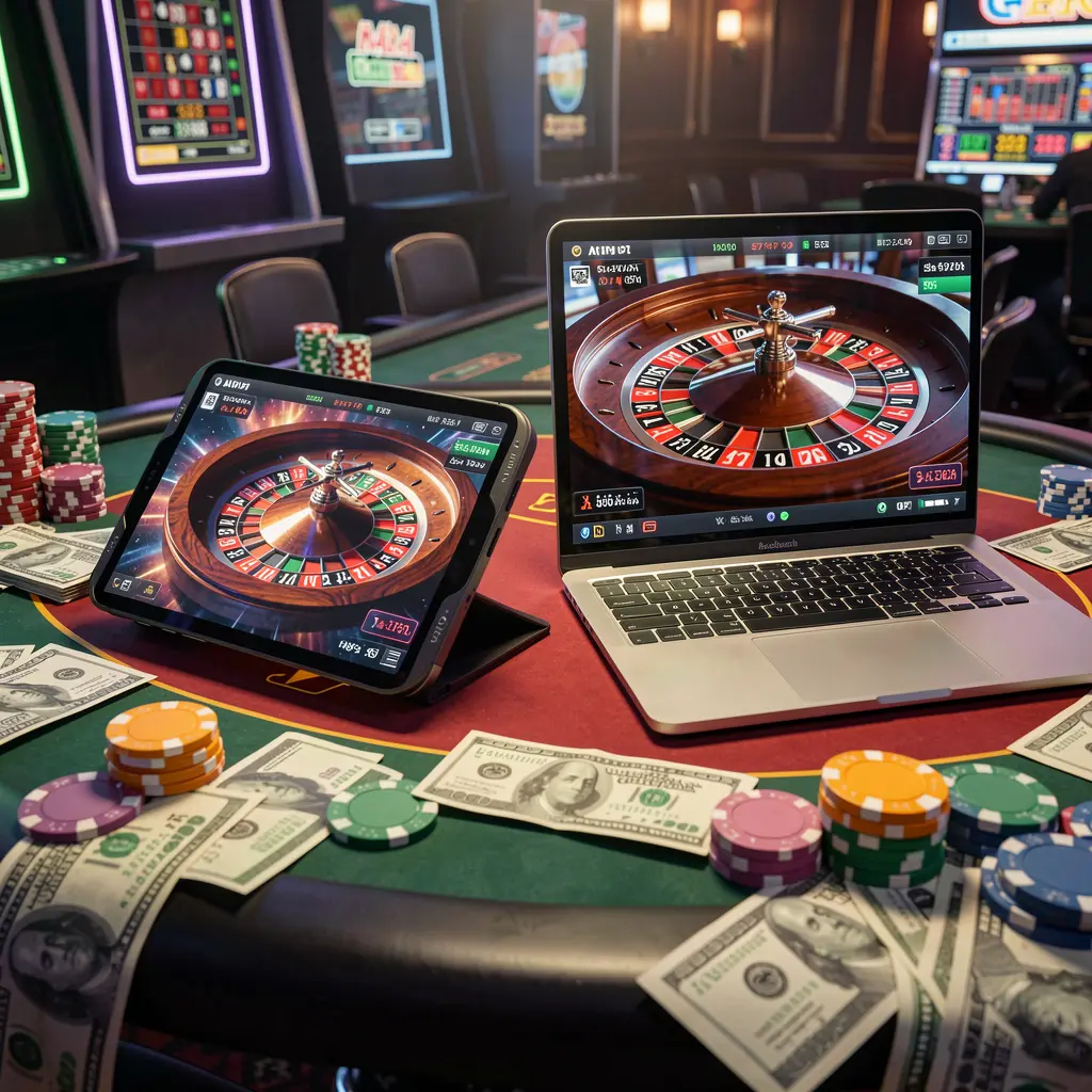 Modern laptop and smartphone displaying live roulette with glowing casino chips highlighting the immersive CK789 online casino experience for Indonesia